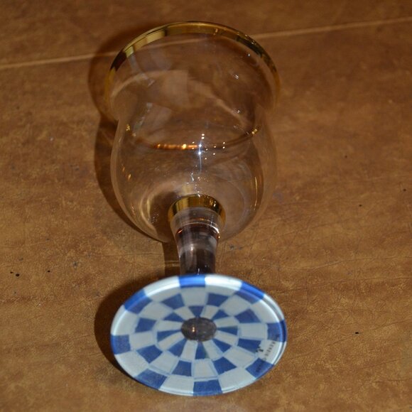 RARE RETIRED DESIGNER MACKENZIE CHILDS BLUE ROYAL CHECK GOLD WINE GLASS GOBLET - Picture 6 of 10